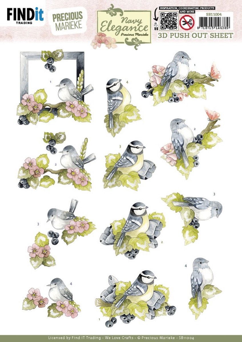 3D Pushout Sheet - Precious Marieke- Navy Elegance - Blue Birds
