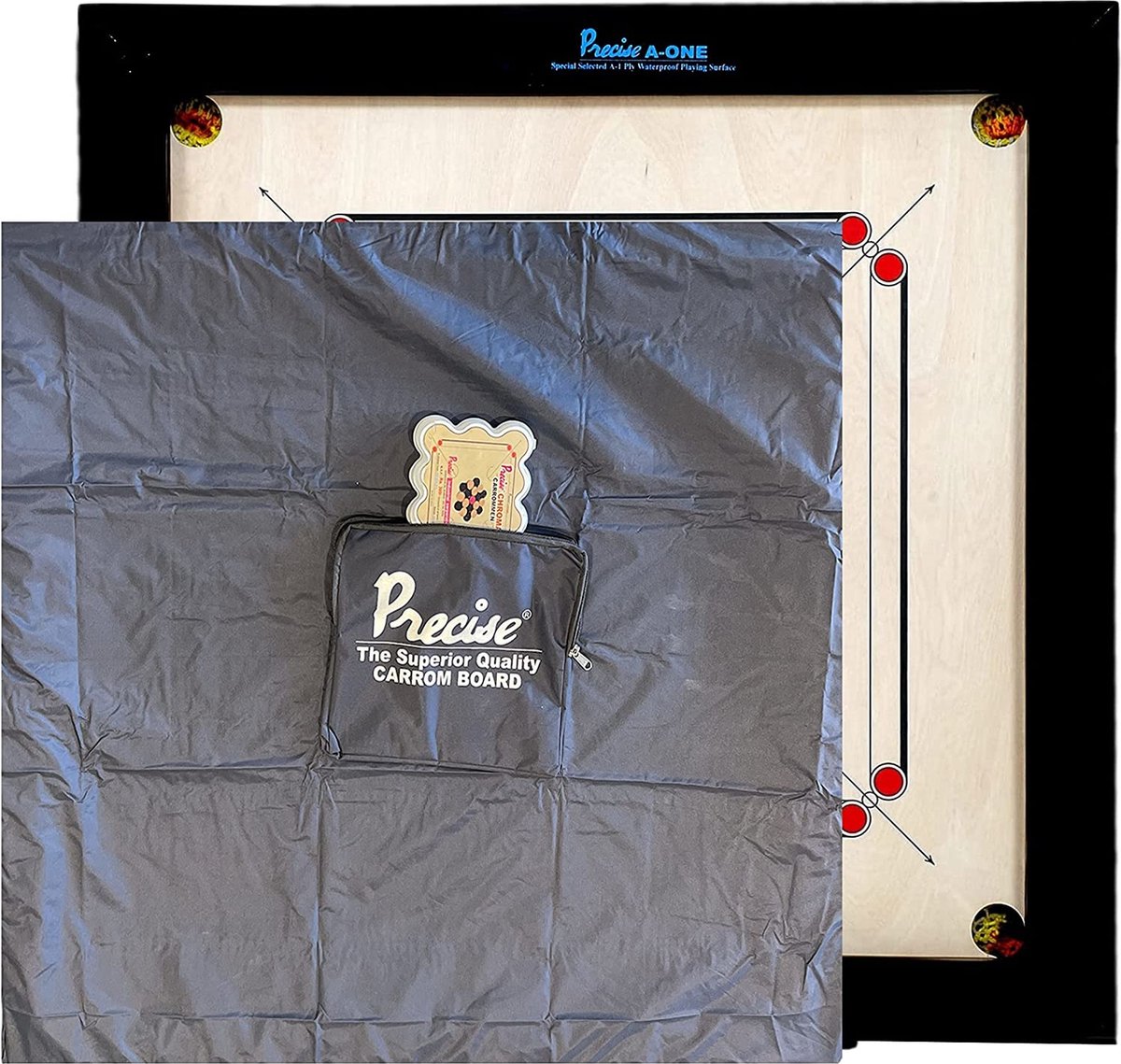 Ama-8 mm Speelveld - 12kgs. 74x74 cm - 82x82c1m INDIA made Carrom spel - Origineel Toernooi - inkl. Cover met Cover Klasse en Geweldig