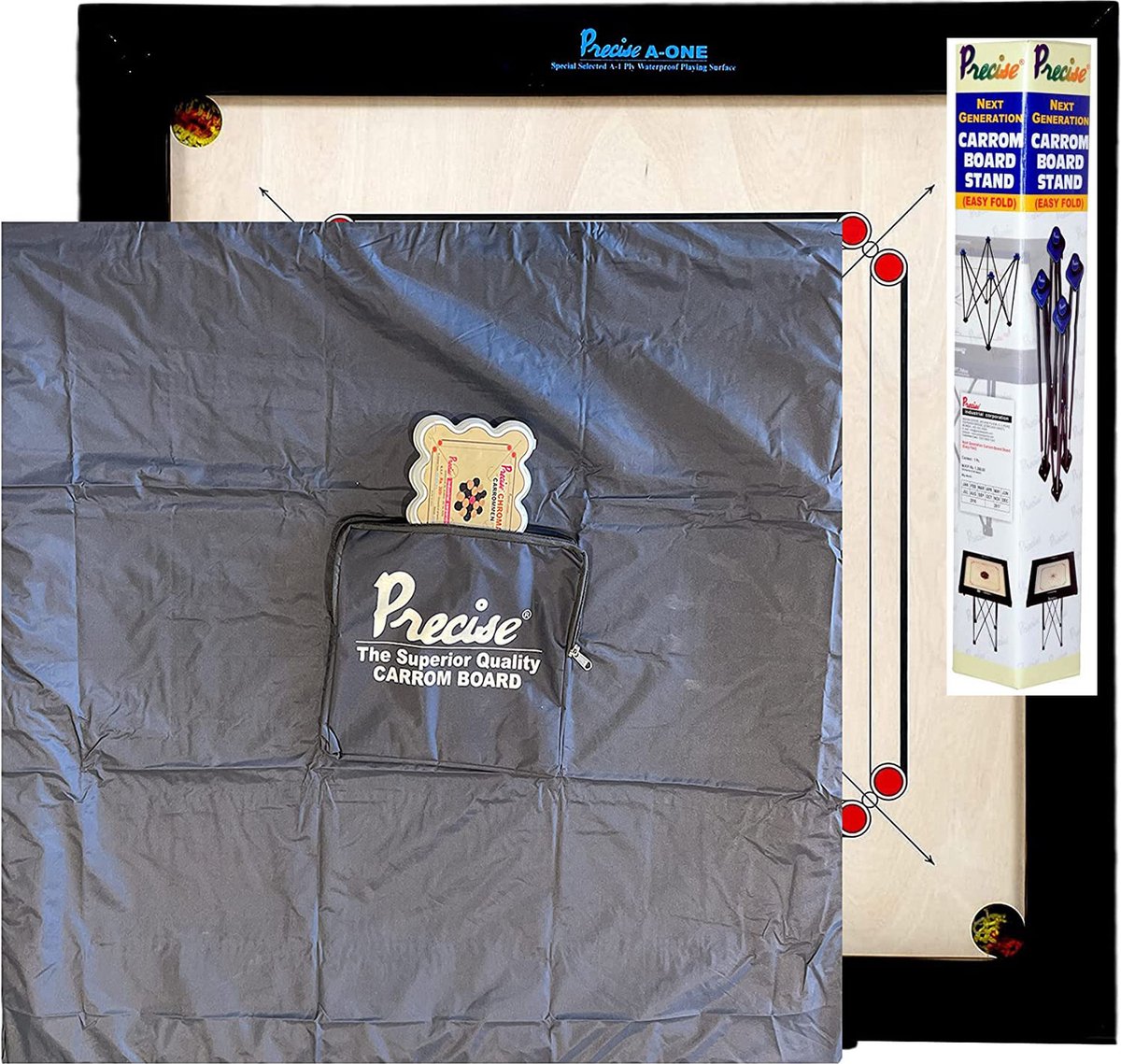 Ama-8 mm Speelveld - 12kgs. 74x74 cm - 82x82cm INDIA made Carrom spel - Origineel Toernooi - inkl. Cover + Tafel met Cover en Tafel Klasse en Geweldig