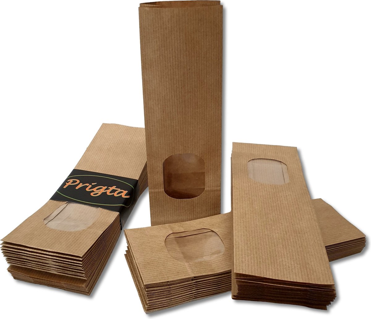 Prigta - Papieren zakjes / blokbodemzakjes S - met venster - 25 stuks - 8x5x25 cm - uitdeelzakjes papier - bruin kraft