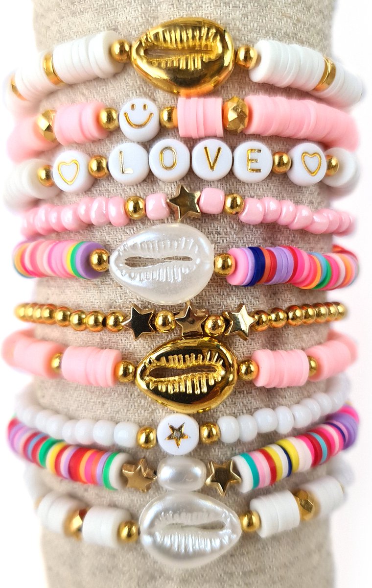 Katsuki kralenpakket voor armbanden – Ibiza-mix, Roze en Wit – 4 mm Rocailles Roze en wit – Gouden kraaltjes – Kauri schelpen – Zelf sieraden maken voor kinderen en volwassenen – DIY