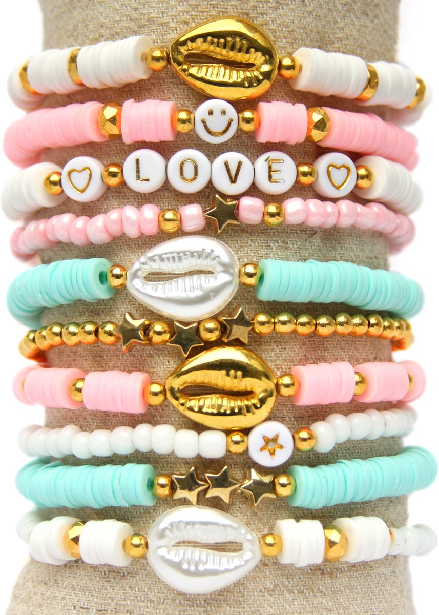 Katsuki kralenpakket voor armbanden – Turquoise, Roze en Wit – 4 mm Rocailles Roze en wit – Gouden kraaltjes – Kauri schelpen – Zelf sieraden maken voor kinderen en volwassenen – DIY