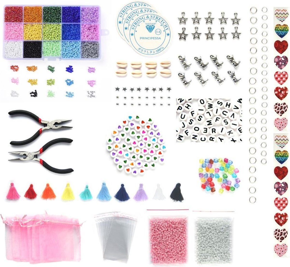 Kinderfeestje 8 personen – Complete kralen set voor armbandjes – 3mm Rocailles – 17 kleuren + heel veel extra artikelen – Zelf sieraden maken voor kinderen – DIY