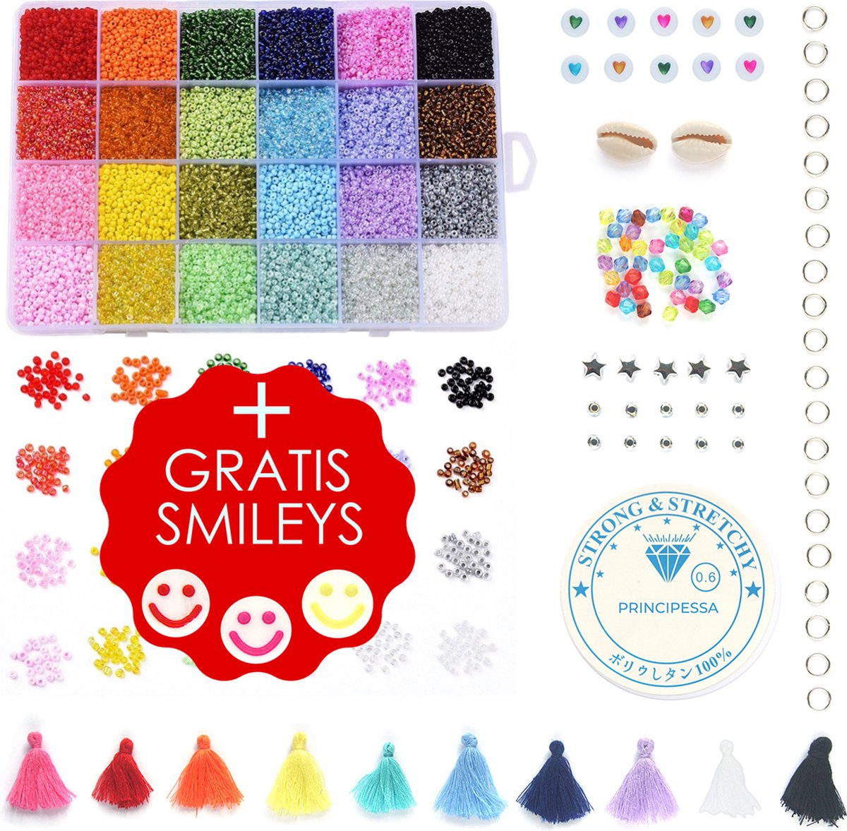Mega Kralen box 2mm + GRATIS SMILEYS – Regenboog 24 kleuren – 2mm Rocailles - 20.000 kralen + veel extra artikelen – Zelf sieraden maken voor kinderen en volwassenen – DIY