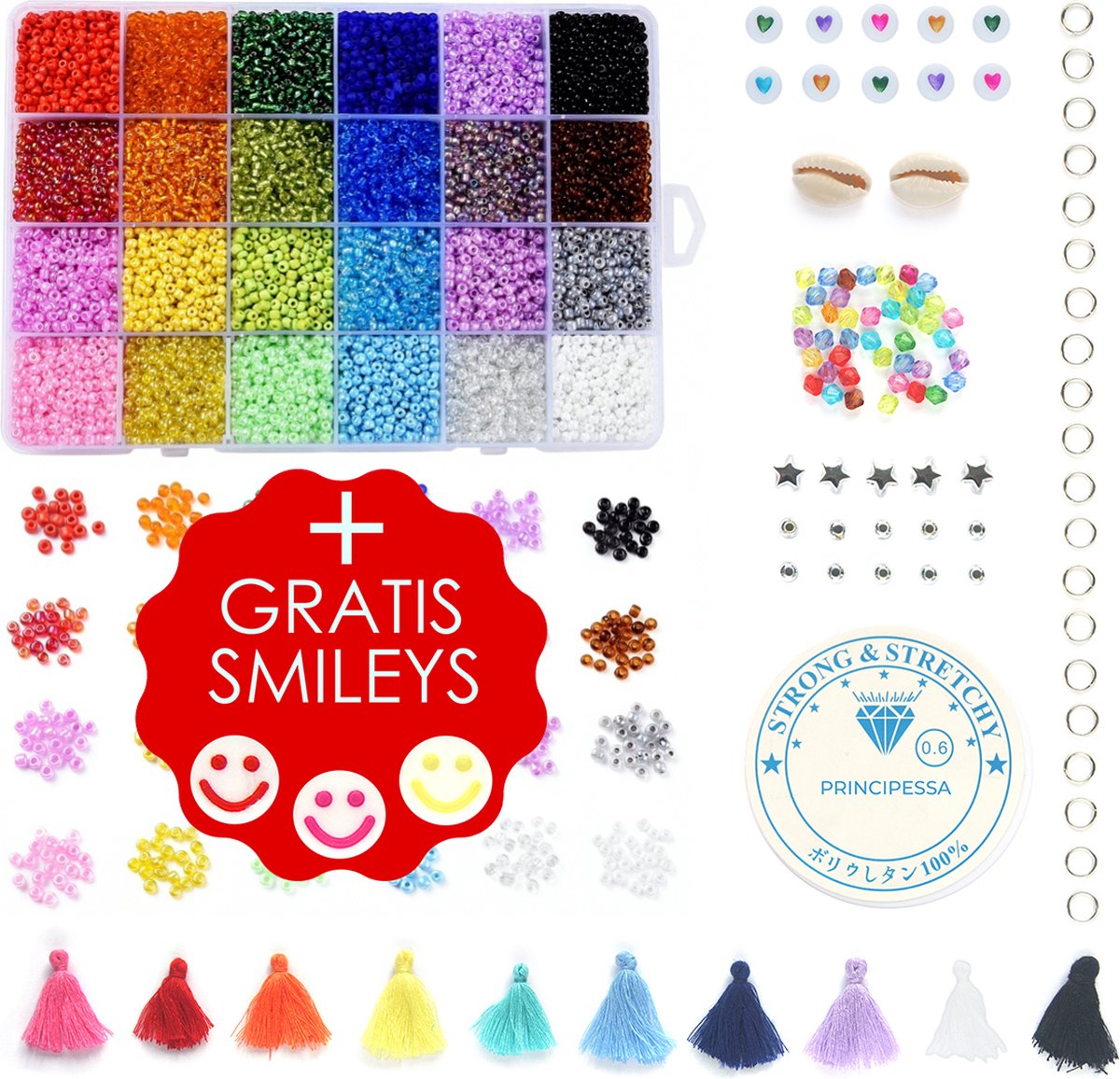Mega Kralen box 3mm + GRATIS SMILEYS – Regenboog 24 kleuren – 3mm Rocailles - 6.500 kralen + veel extra artikelen – Zelf sieraden maken voor kinderen en volwassenen – DIY