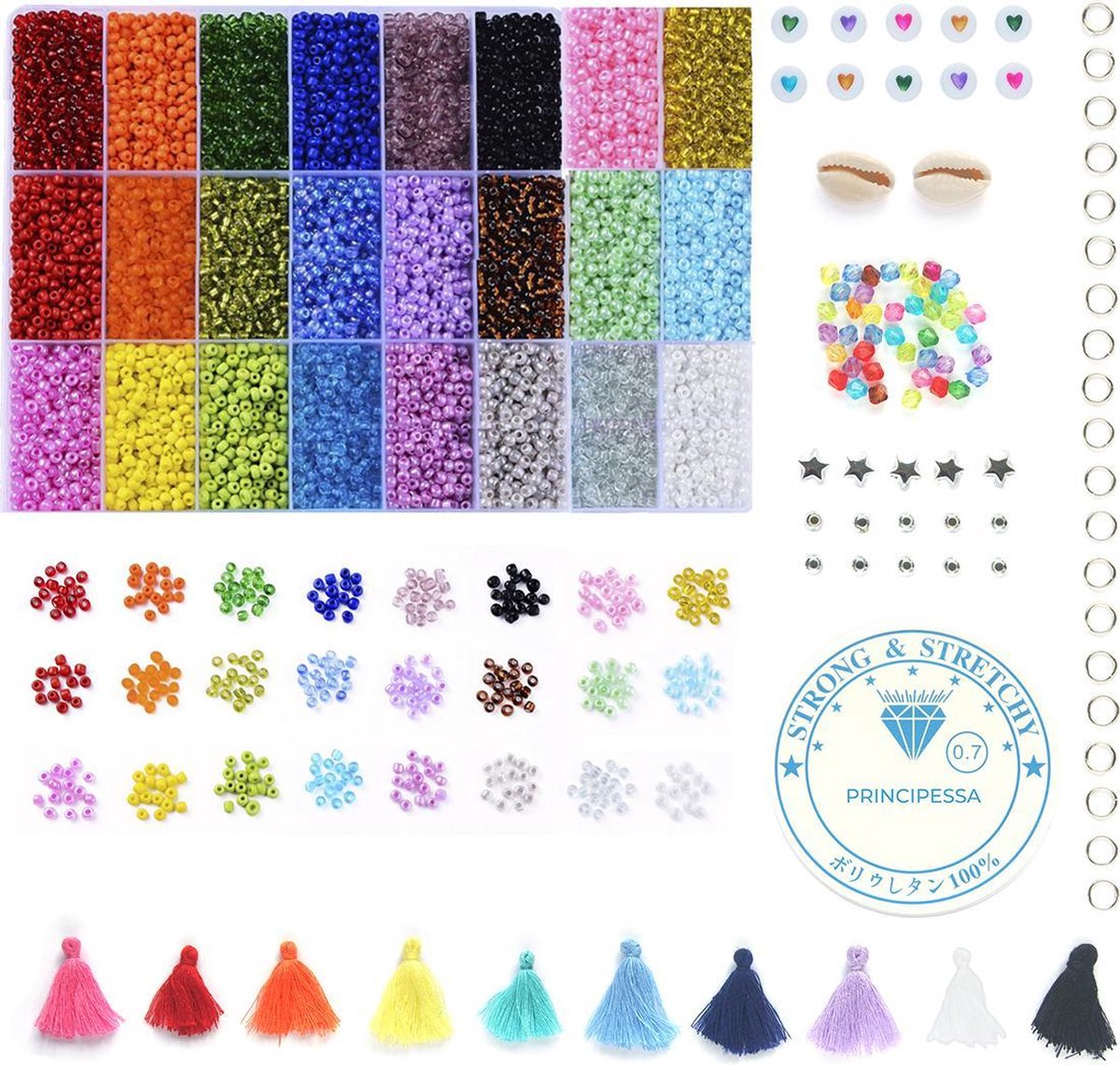 Mega Kralen box 4mm – Regenboog 24 kleuren – 4mm Rocailles - 3.000 kralen + veel extra artikelen – Zelf sieraden maken voor kinderen en volwassenen – DIY