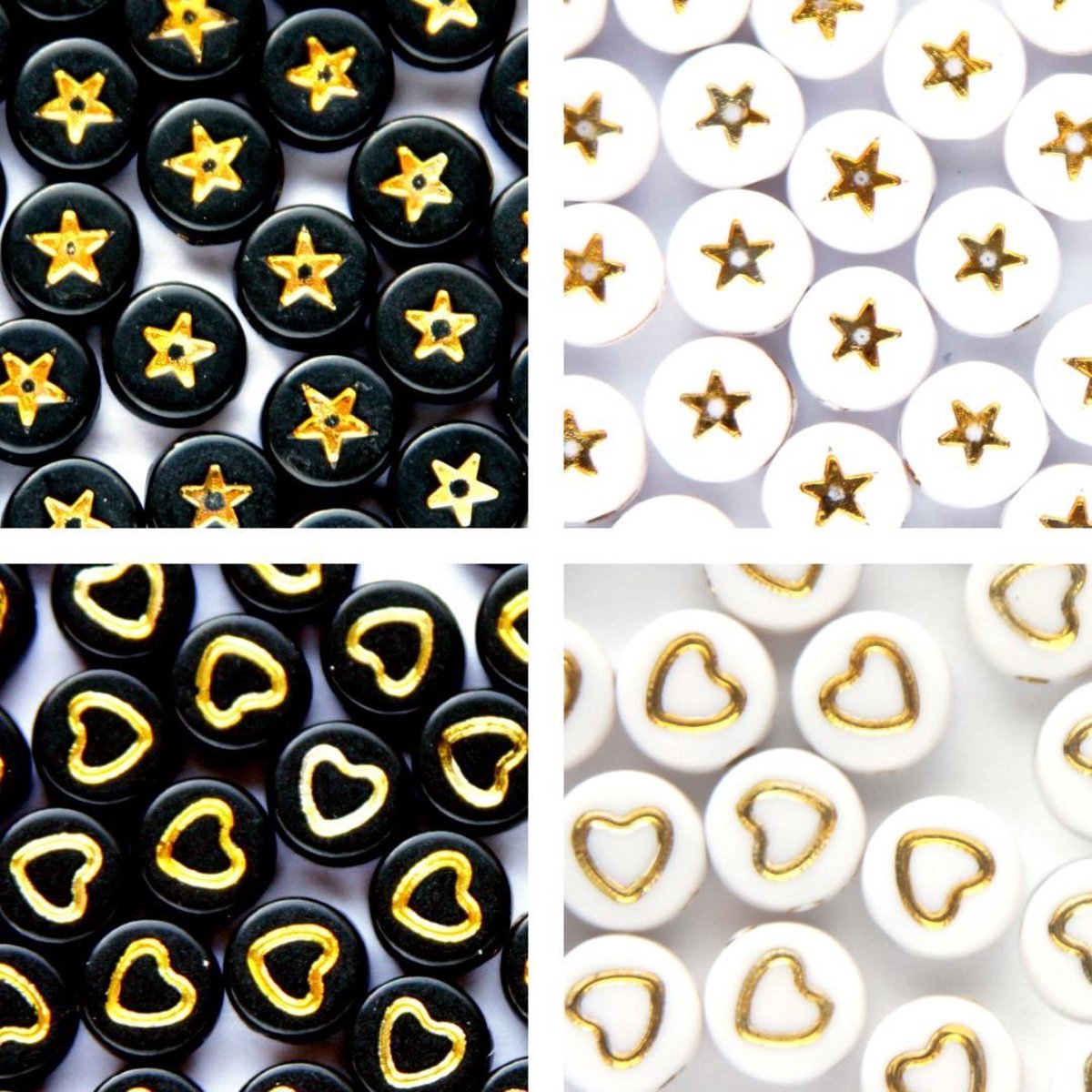 Symbolenkralen set – Sterretjes – Hartjes – Unieke mix 200 stuks – Zwart/Goud – Wit/Goud – 7mm kraal – Past bij letterkralen set– Zelf sieraden maken voor kinderen en volwassenen – DIY