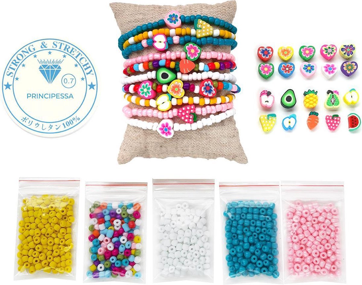 Zelf sieraden maken kralen pakket - Armbandjes en enkelbandjes – Fruit en hartjes figuurkralen - 4mm rocailles – Geel, roze, turquoise, wit, Ibiza mix - Kinderen en volwassenen – Klei kralen – Fimo kralen – Polymeer kralen – DIY