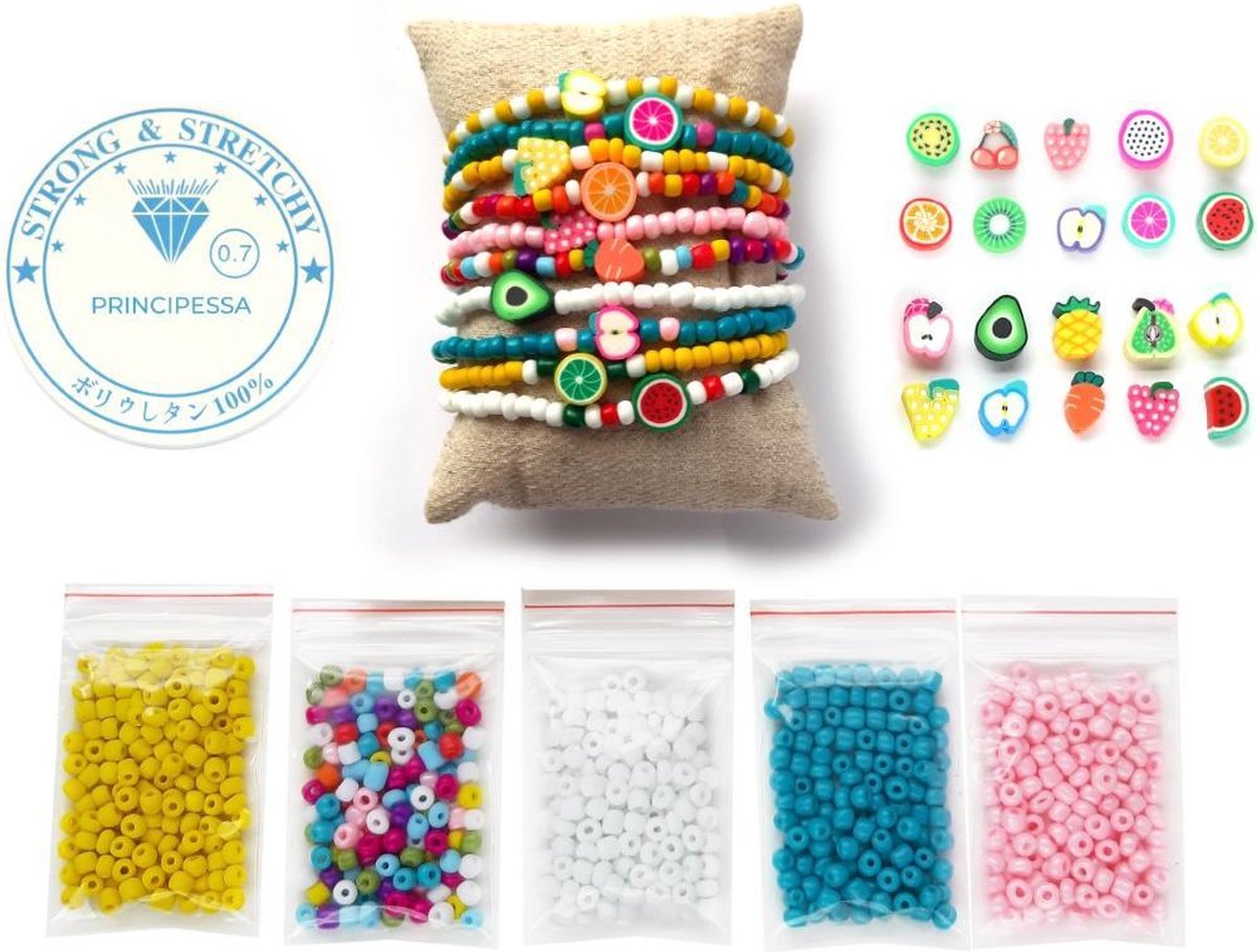 Zelf sieraden maken kralen pakket - Armbandjes en enkelbandjes – Fruit mix figuurkralen - 4mm rocailles – Geel, roze, turquoise, wit, Ibiza mix - Kinderen en volwassenen – Klei kralen – Fimo kralen – Polymeer kralen – DIY