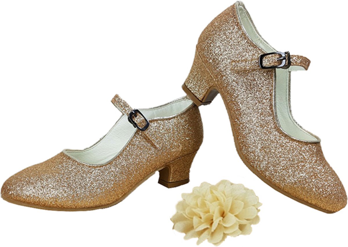 Goud glitter Prinsessen Communie schoenen Spaanse schoenen met hakken + GRATIS bloemclips (maat 24 - 17cm)