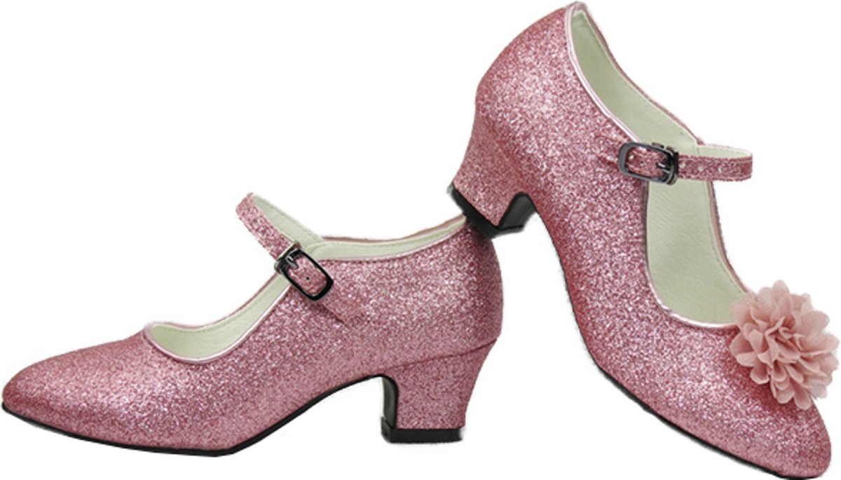roze glitter schoenen met hakken + GRATIS bloemclips (maat 35 - 22,5cm)