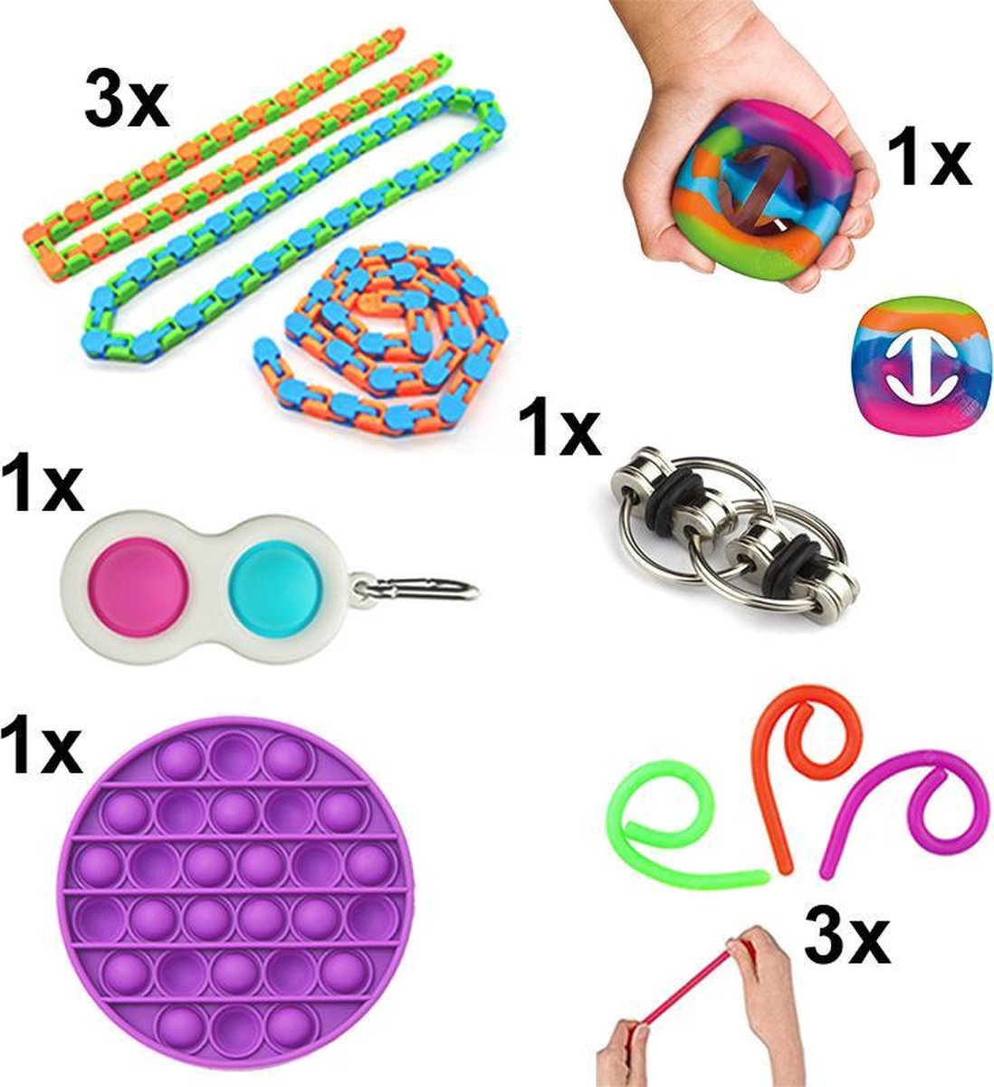 Fidget Toys Pakket - Set met 10 verschillende Fidget Toys: Wacky Tracks, Simple Dimple, Pop It Fidget, Flippy Chain, Monkey Noodles, Snapperz Rainbow