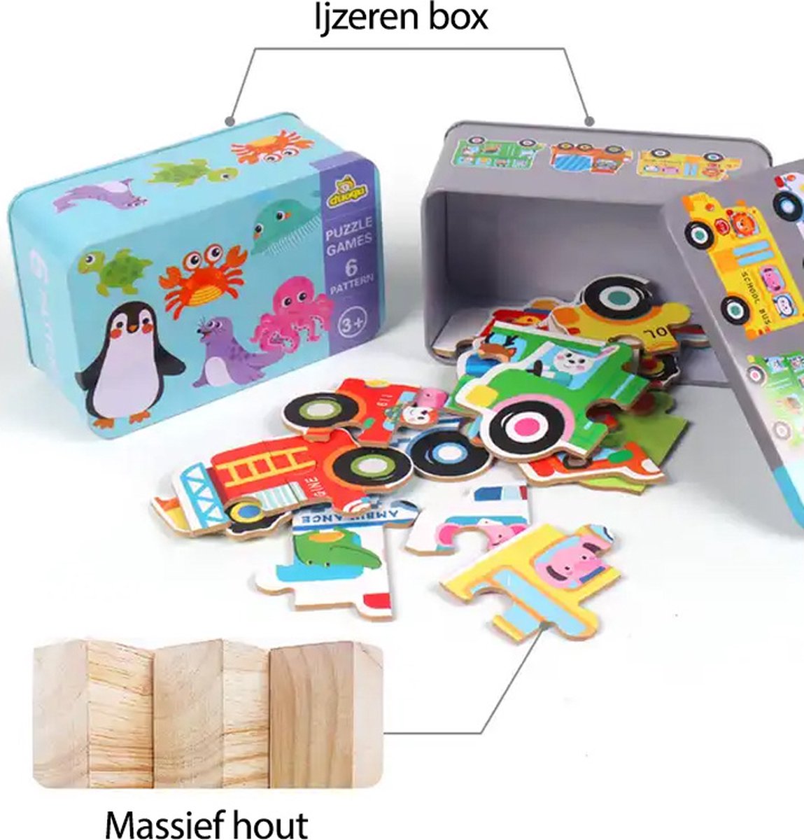 6 in 1 dinosaurus houtenpuzzel in blik