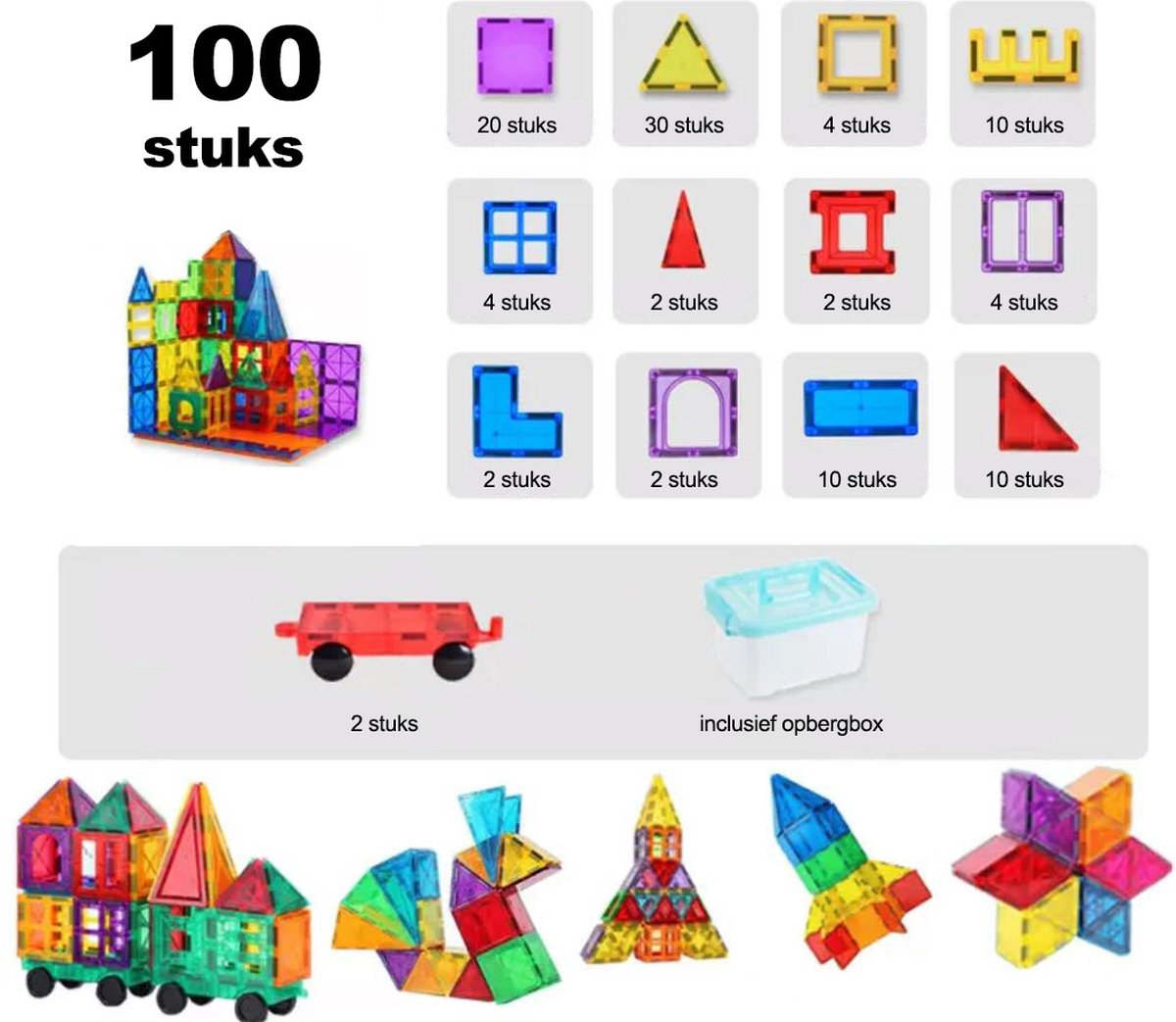 Magna tiles - magnetische tegels - constructie speelgoed - Montessori speelgoed - magnetic toys - magnetische bouwstenen - 100 stuks