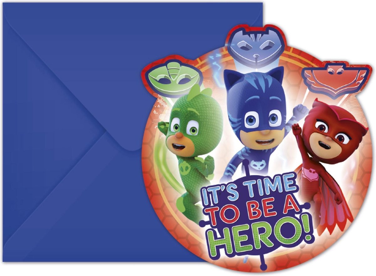 Vegaoo - 6 kartonnen PJ Masks uitnodingen met enveloppen 14 x 9 cm