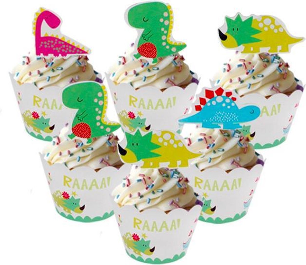 ProductGoods - 12 Stuks Dinos Mini Cupcake Bakjes + 12 Cupcake Dino Versiering - Kinderen - Kinderfeestje - Party - Taart Decoraties - Verjaardag Decoratie - Happy Birthday - Dino - Omslagen - Omslag - Mini Cupcake