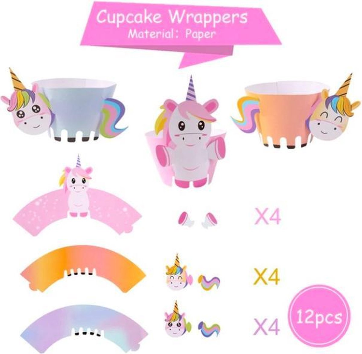 ProductGoods - 12 Stuks Verschillende Eenhoorns Mini Cupcake Bakjes + 12 Cupcake Eenhoorn Versiering - Kinderen - Kinderfeestje - Party - Taart Decoraties - Verjaardag Decoratie - Happy Birthday - Eenhoorns - Omslagen - Omslag - Mini Cupcake