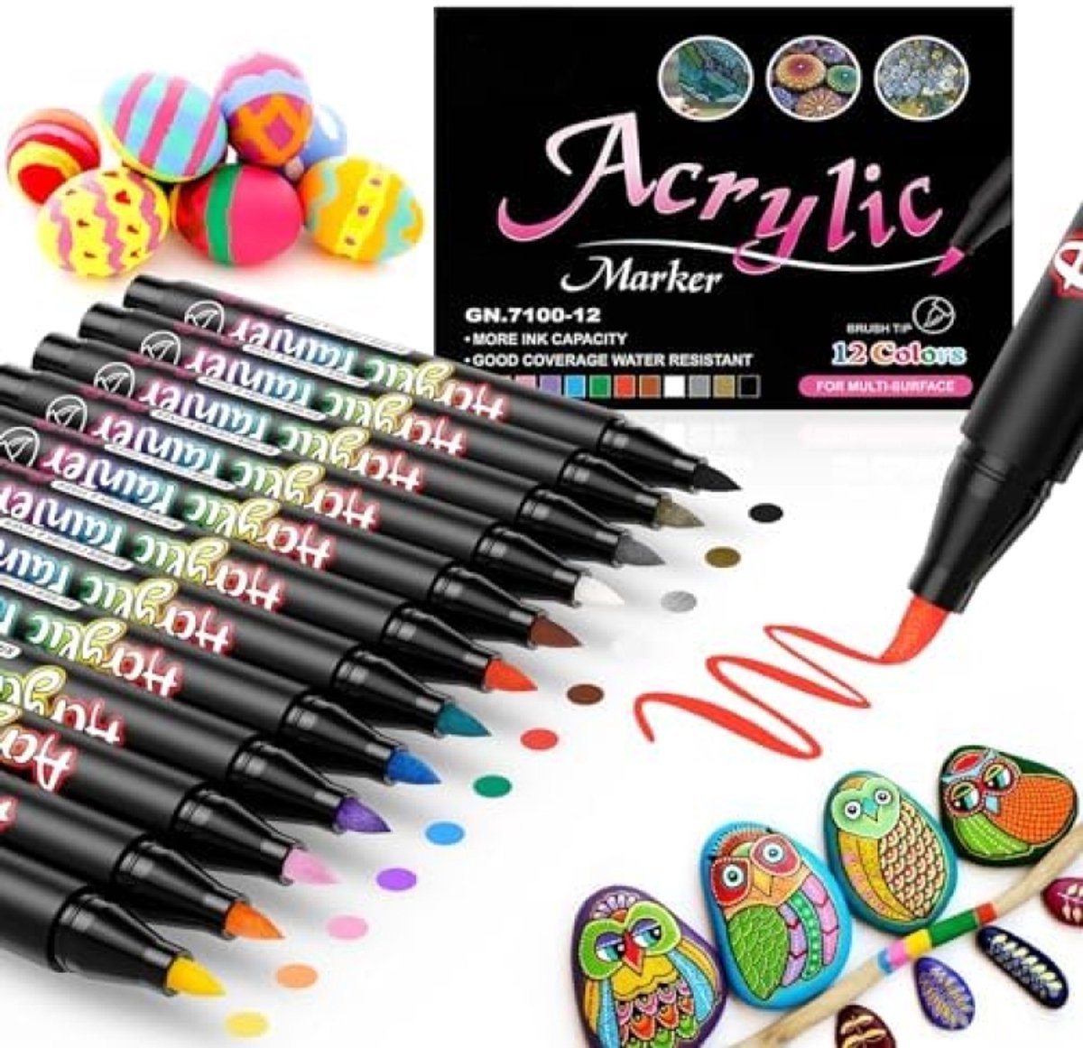 Acrylverf Penset 12 Kleuren - Waterdichte Penseelstiften voor Steen, Hout, Glas, Canvas - Zachte Punt 1-3 mm Lijnbreedte - Ideaal voor Creatieve Projecten en Cadeaus