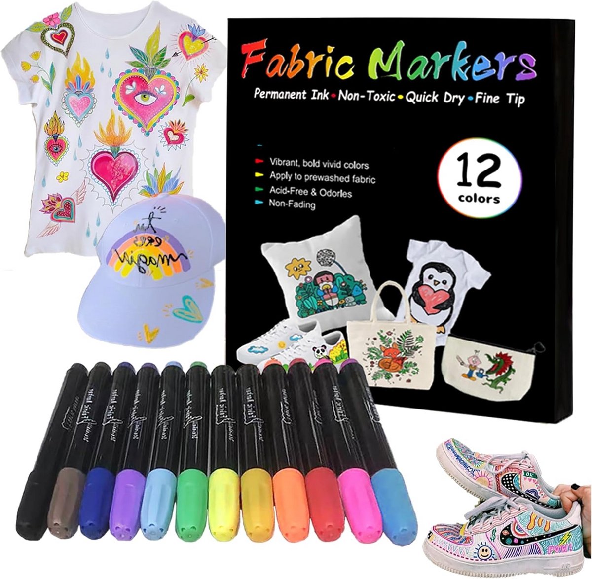 PromoHome 12 Kleuren Textielmarkers Set - Machinaal Wasbare Textielstiften voor T-shirts, Stoffen Tassen, Canvas Schoenen - Permanente Textielverf voor Creatieve Projecten