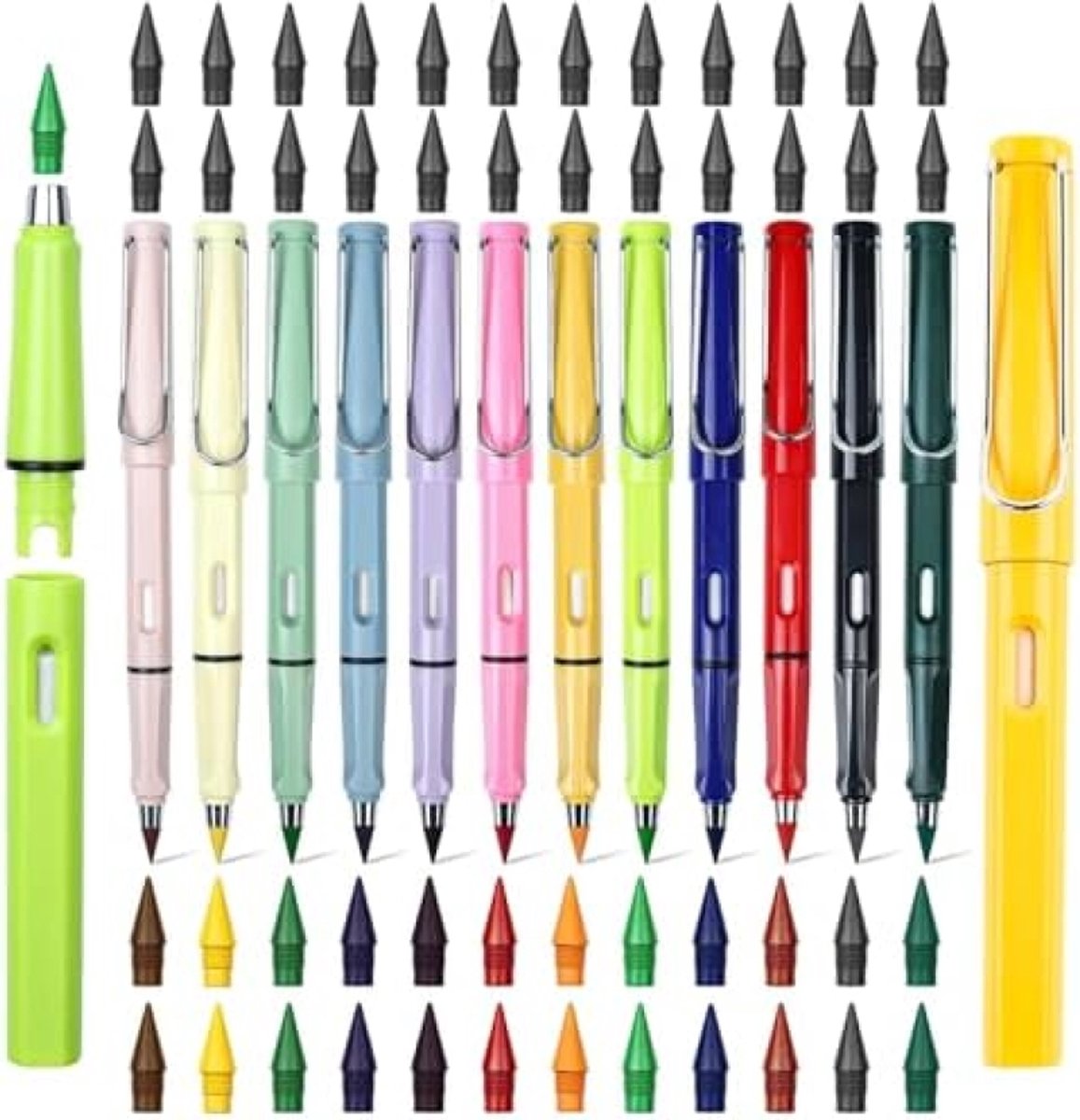 PromoHome 12-delig kleurrijke oneindige potloden set met 48 verwisselbare punten en gum, inktloze magische potloden voor volwassenen en kinderen, duurzame grafiet potlodenset voor kunst en kantoor