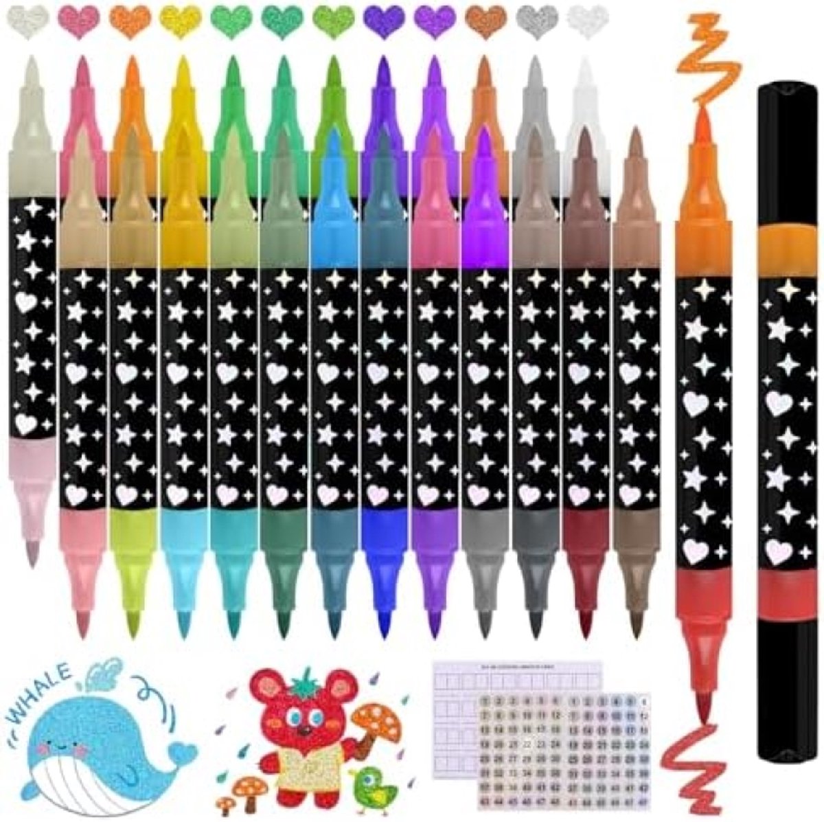 PromoHome 48 kleuren glitter penseelstiften set, 24 stuks dubbele punt metallic glitter stiften, watergedragen inkt voor tekenen, schilderen, scrapbooking en knutselprojecten