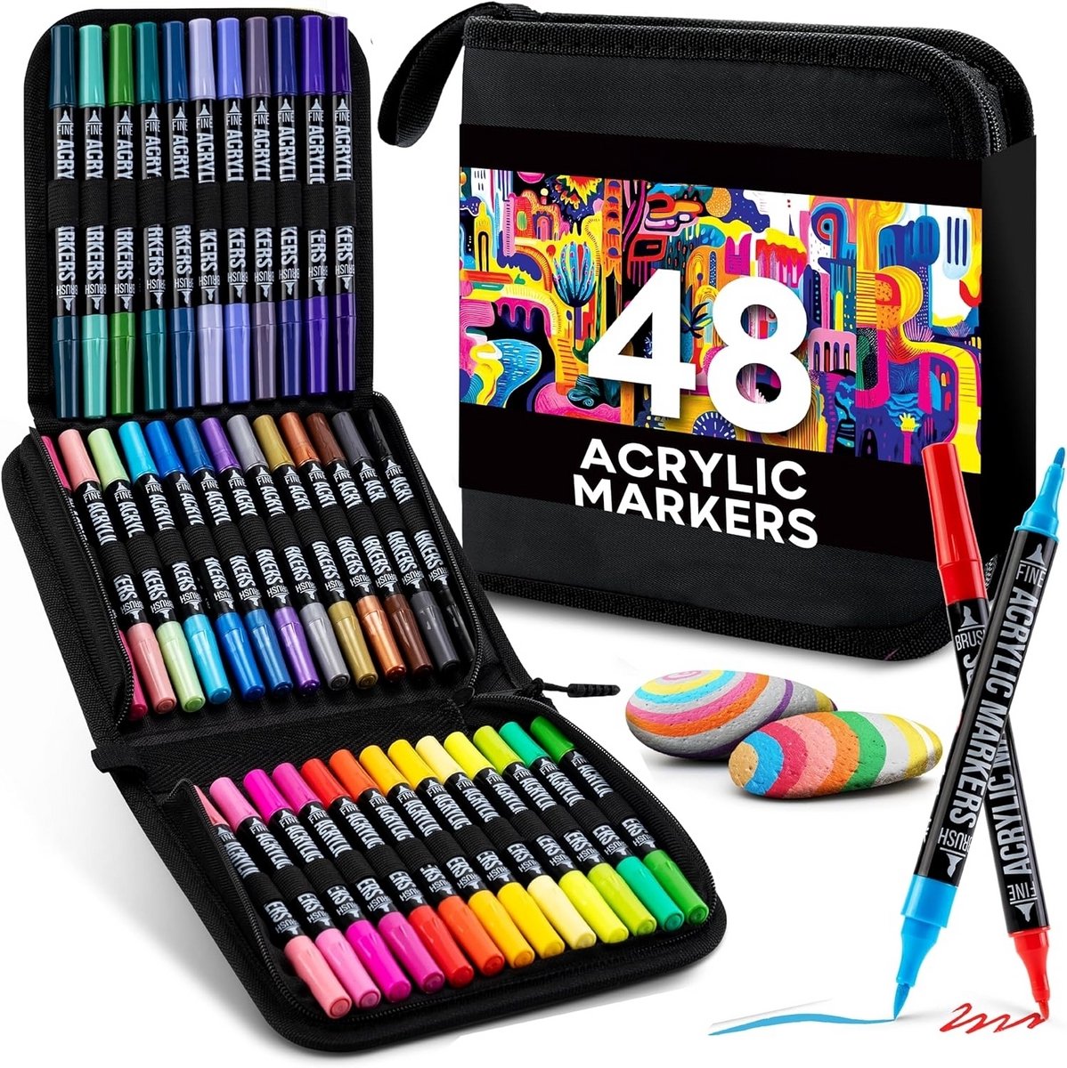 PromoHome Acrylverfmarker Set - 48 Stuks Dual Tip Penselen (Fijne Punt en Penseel) - Levendige Kleuren voor Kunst, Schilderen op Verschillende Oppervlakken - Sneldrogend en Lichtbestendig - Inclusief Opbergetui