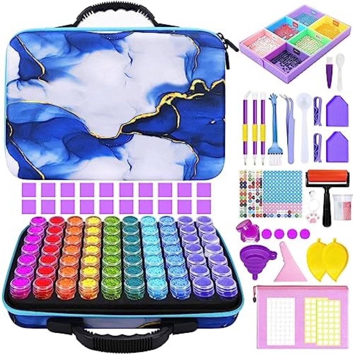 PromoHome Complete Diamond Painting Accessoires Set - 70 Vakken Opbergdoos Met Gereedschap, EVA Draagtas, Pincet, Stiften, Diamantbakjes En Meer Voor Diamant Schilderijen