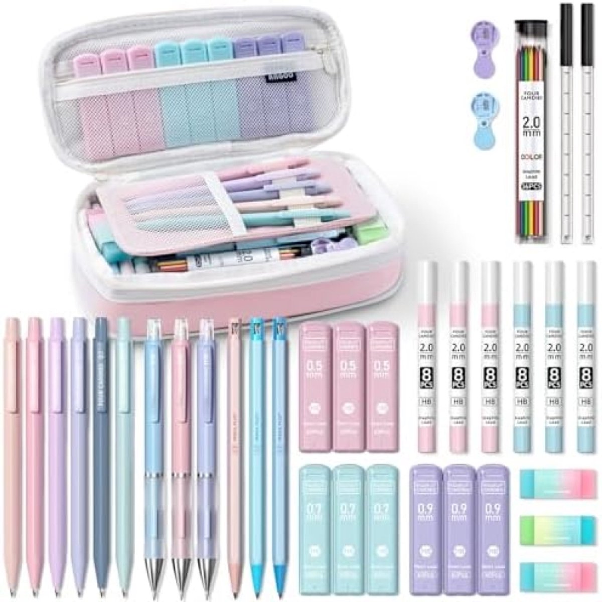 PromoHome Complete School- en Kantoorbenodigdheden Set - 36 Delige Mechanische Potloden Set met Etui - Inclusief 624 Loodvullingen, Gummen en Slijpers - Roze - Ideaal voor Schrijven, Tekenen en Studie