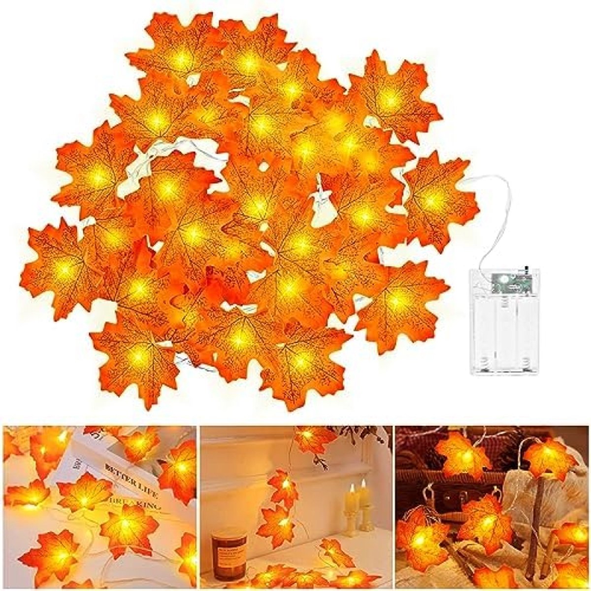 PromoHome Oranje Esdoornblad LED Lichtsnoer 3 Meter - 20 LED Verlichting met Timer - Batterij Gesteund - Halloween, Herfst, Kerst Decoratie voor Binnen en Buiten