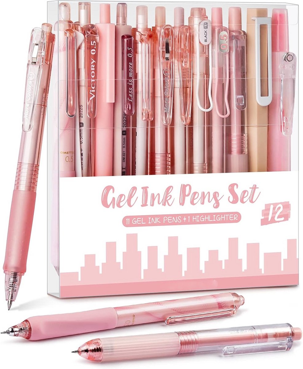 PromoHome Pastelkleurige Gelpennen Set - 12-delig met Markeerstift