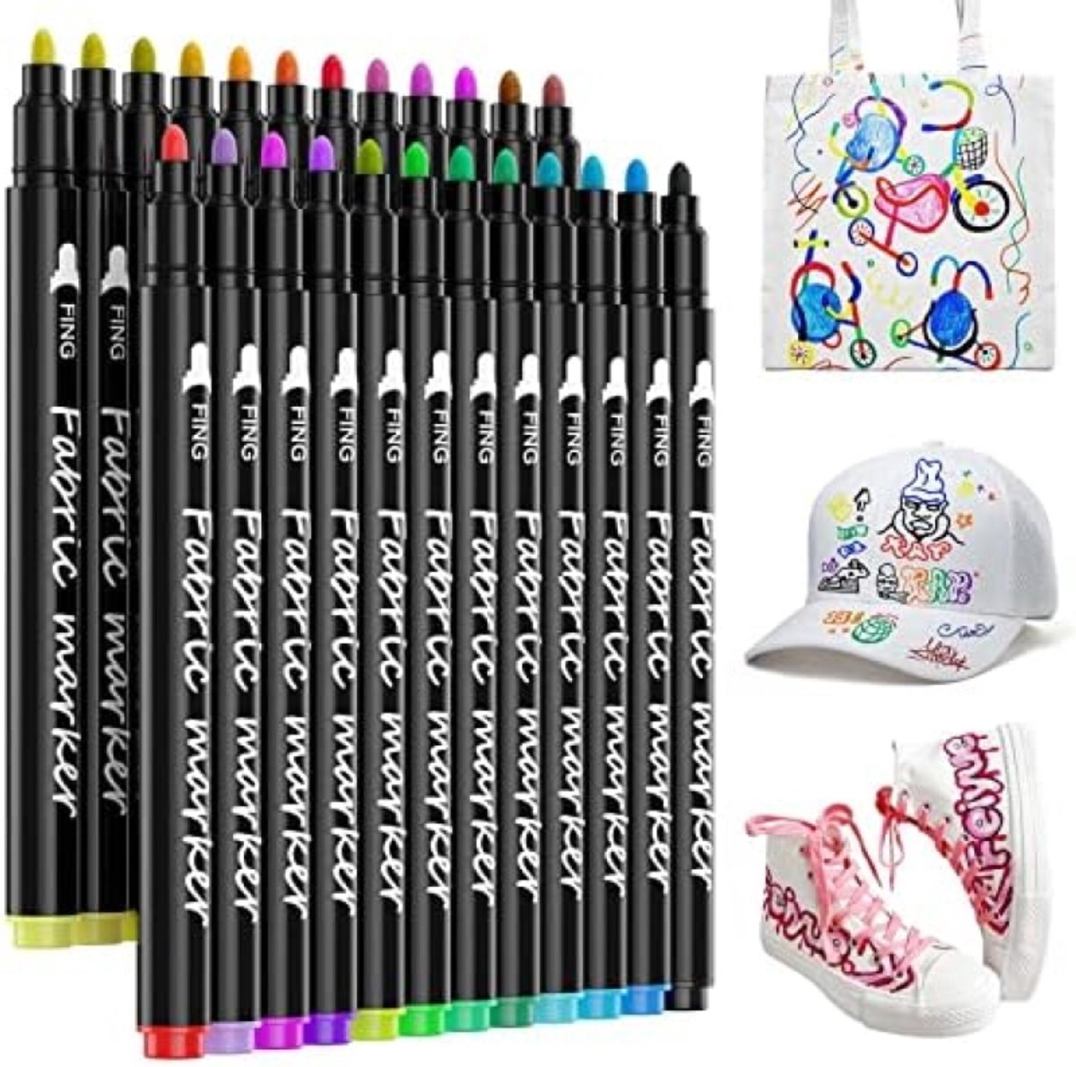 Textielstiften Set - 24 Kleuren Permanente Textielmarkers - Wasmachinebestendige Verfstiften voor T-shirts, Jutezakken en Stoffen - Ideaal voor Creatieve Projecten en Cadeaus
