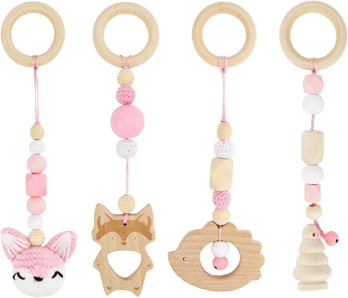 Provento - Speelboog voor babys vanaf 0 maanden, 4-delige set houten speelbogen voor babygym, hanger voor jongens en meisjes - babyspeelgoed voor kinderwagen, autostoel - speelgoed voor babyzitje