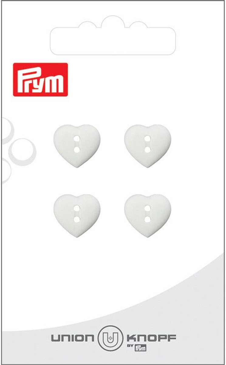 Prym Fournituren - Knopen en sluitingen - Knoop hart 2 gaatjes 12mm wit 4st - Fournituren elastieken band - Wit - 1 kaart