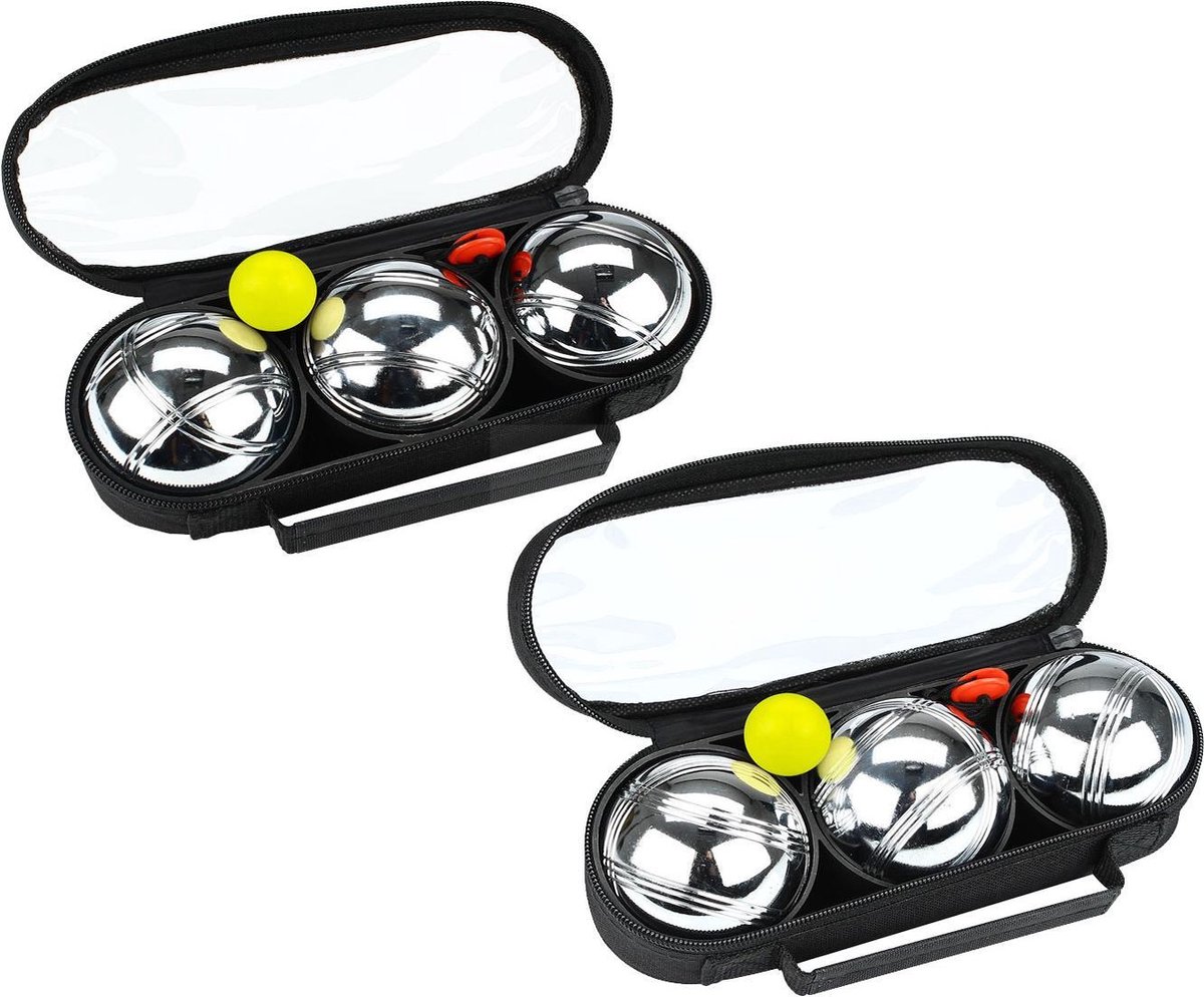  , 2 x 3 metalen jeu de boules ballen, in twee tassen.