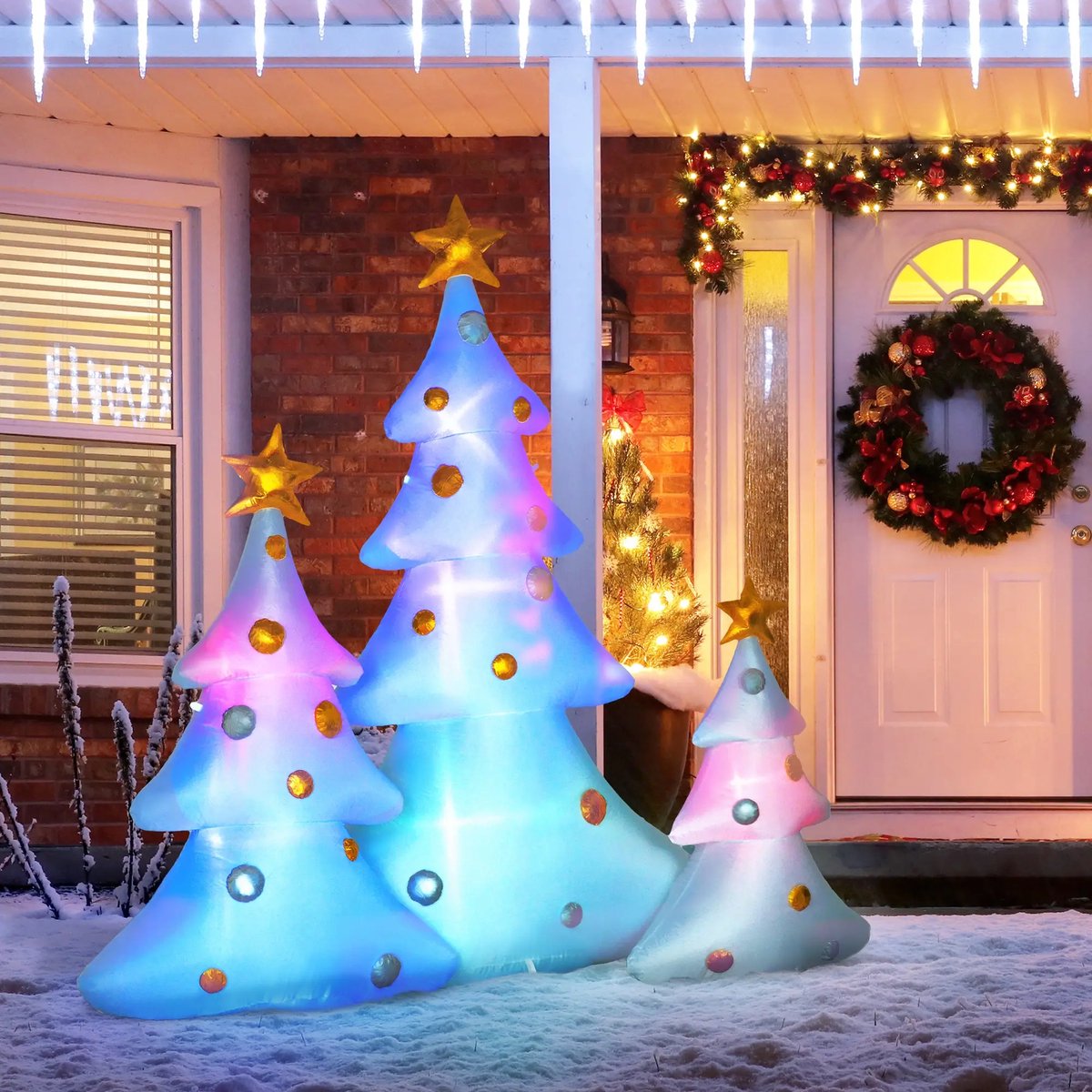 Pugsdrly Set van 3 opblaasbare kerstbomen, incl. ventilator, voor binnen en buiten, incl. bevestigingsmateriaal, wit + goud