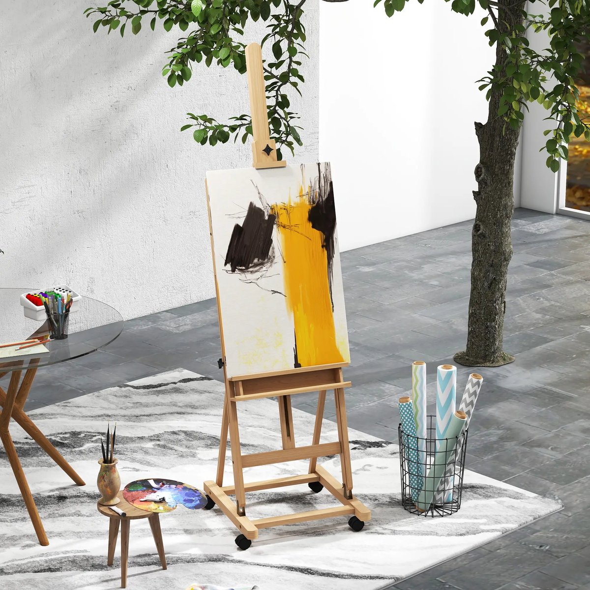 Pugsdrly Vinsetto schildersezel, kunstenaarsschildersezel, in hoogte verstelbaar, 4 wieltjes, naturel + zwart