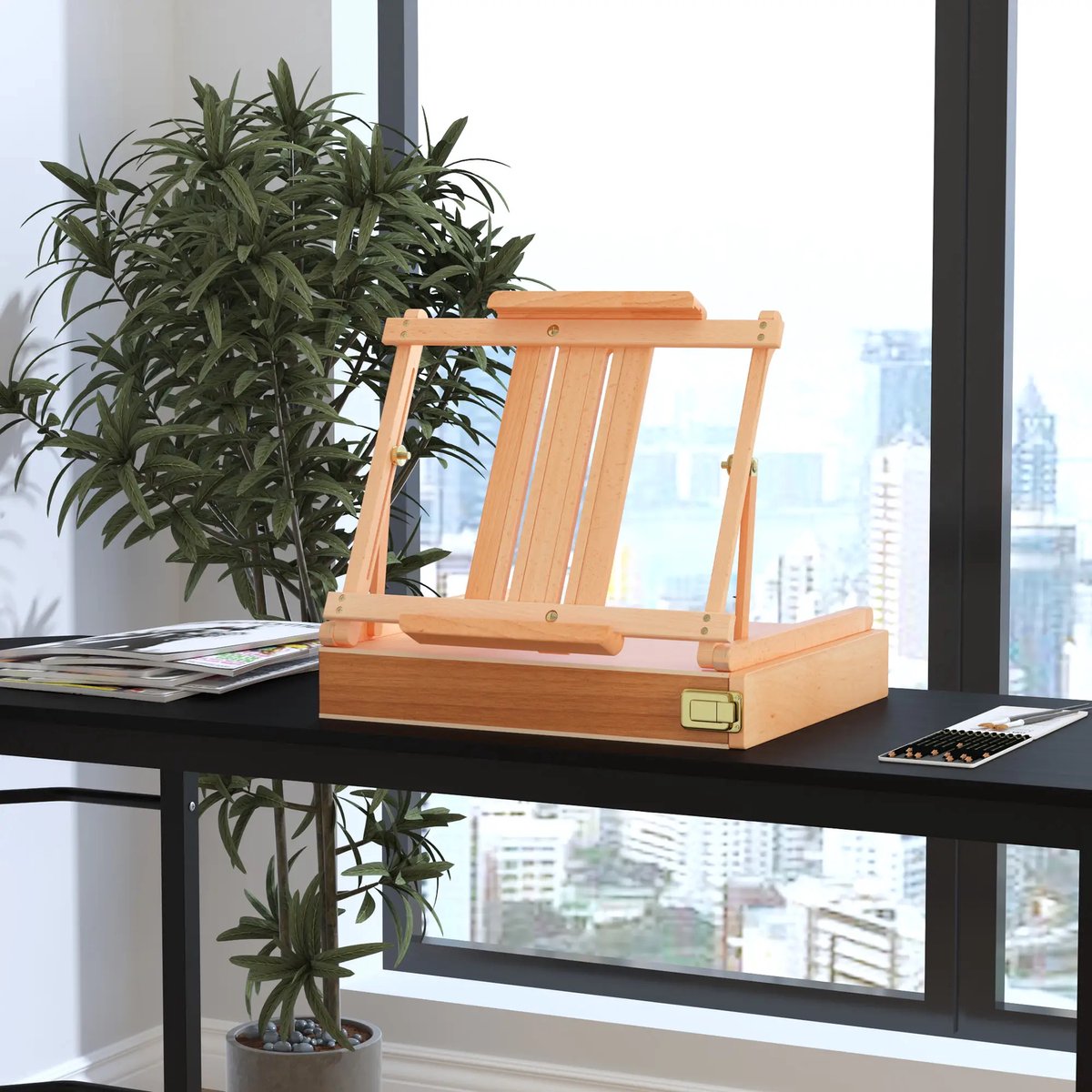 Pugsdrly Vinsetto schildersezel Schilderijframe Kofferschildersezel Atelierschildersezel Hoek verstelbaar Opvouwbaar met lade Beukenhout Naturel 42 x 36 x 12,5 cm