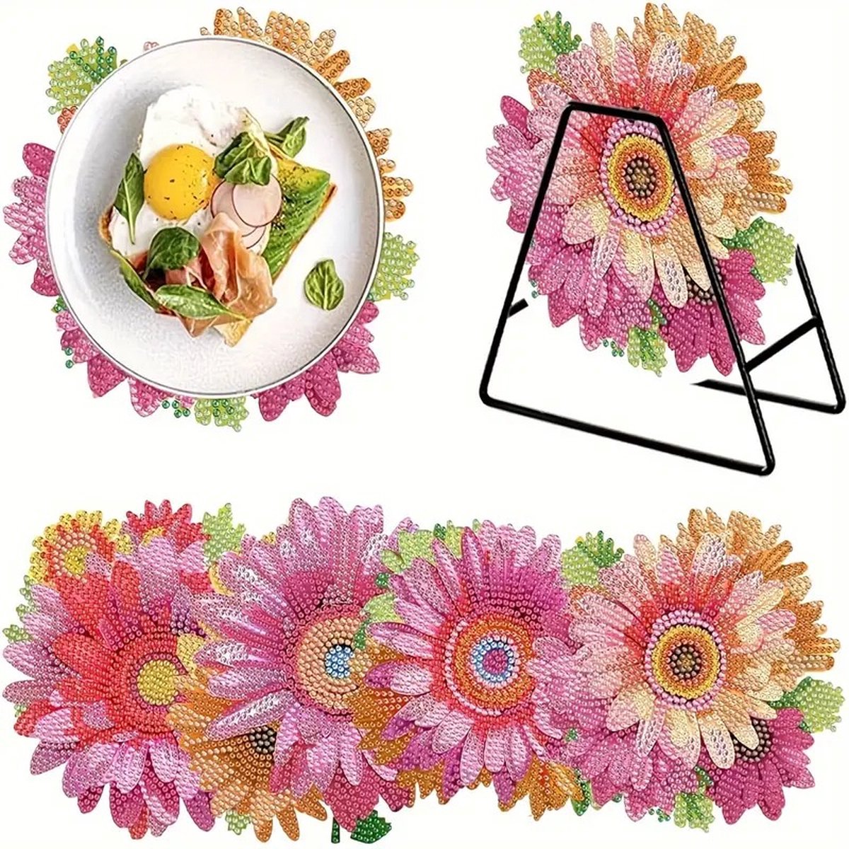 Diamond Painting - 4 Stuks - Onderzetters - Bloemen - Volledig - Ronde steentjes - 15x15cm