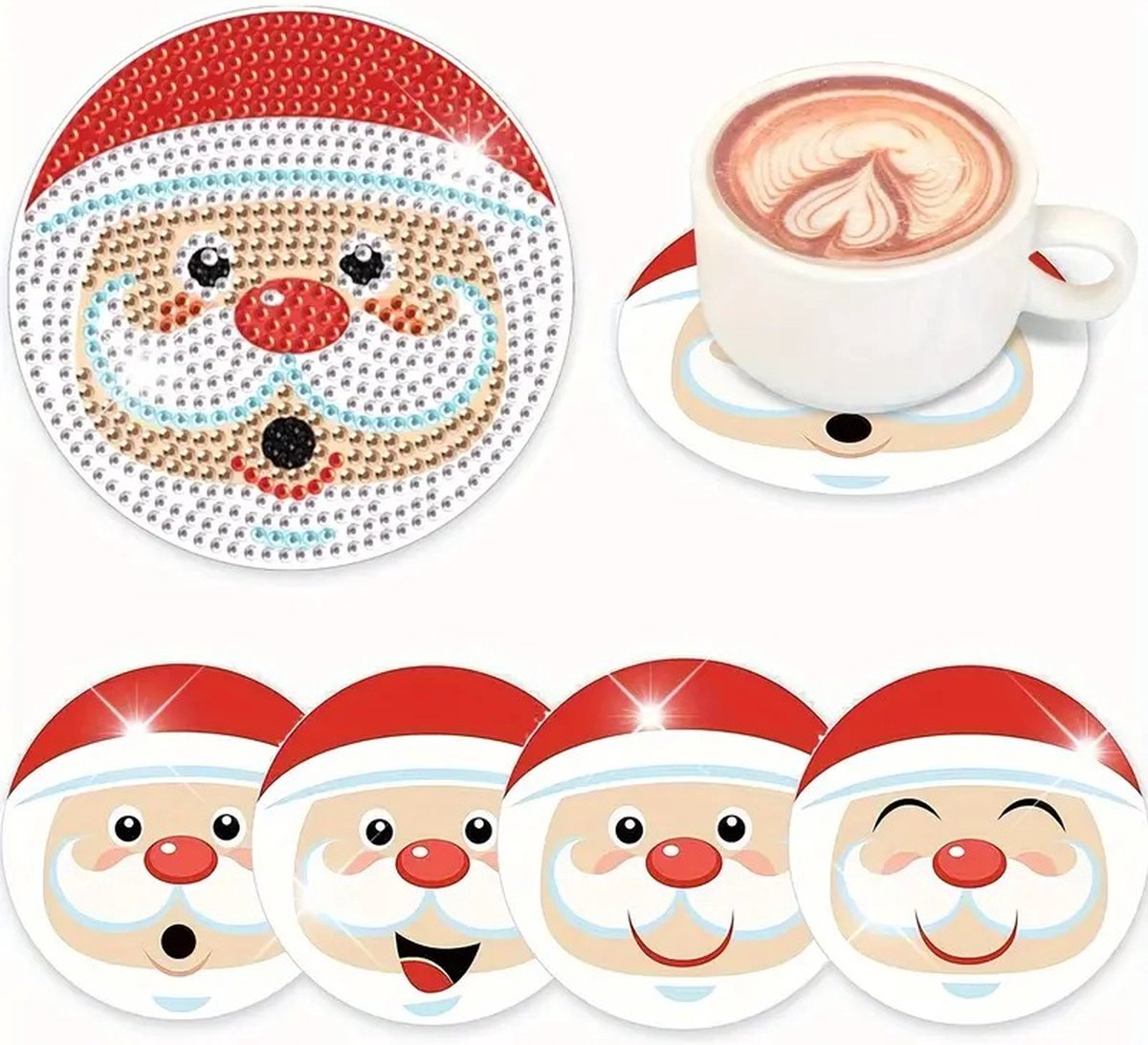 Diamond Painting - 4 Stuks - Onderzetters - Kerstman - Gezichten - Volledig - Ronde steentjes - 10x10cm