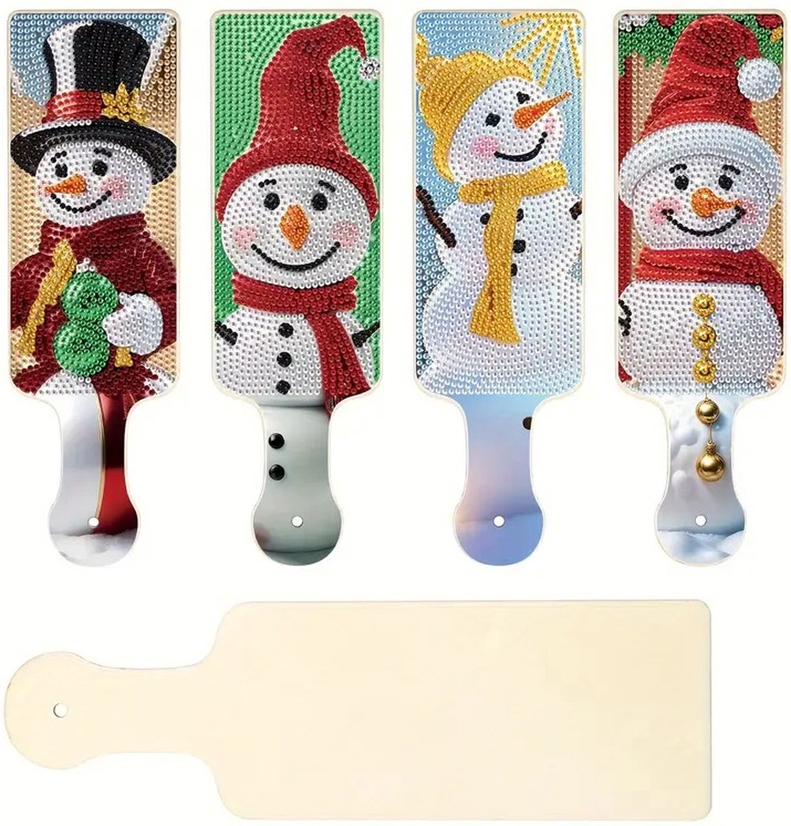 Diamond Painting - 4 Stuks - Plank - Decoratie - Onderzetter - Kerst - Sneeuwpop - Volledig - Ronde steentjes - 26x8cm