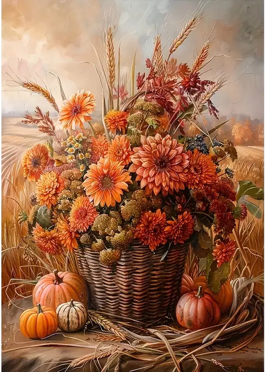 Diamond Painting - Bloemen - Mand - Pompoen - Volledig - Ronde steentjes - 30x40cm