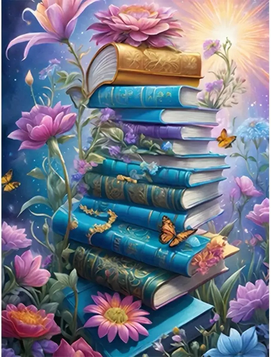Diamond Painting - Boeken - Boekenstapel - Lezen - Vlinders - Bloemen - Zon - Volledig - Ronde steentjes - 30x40cm
