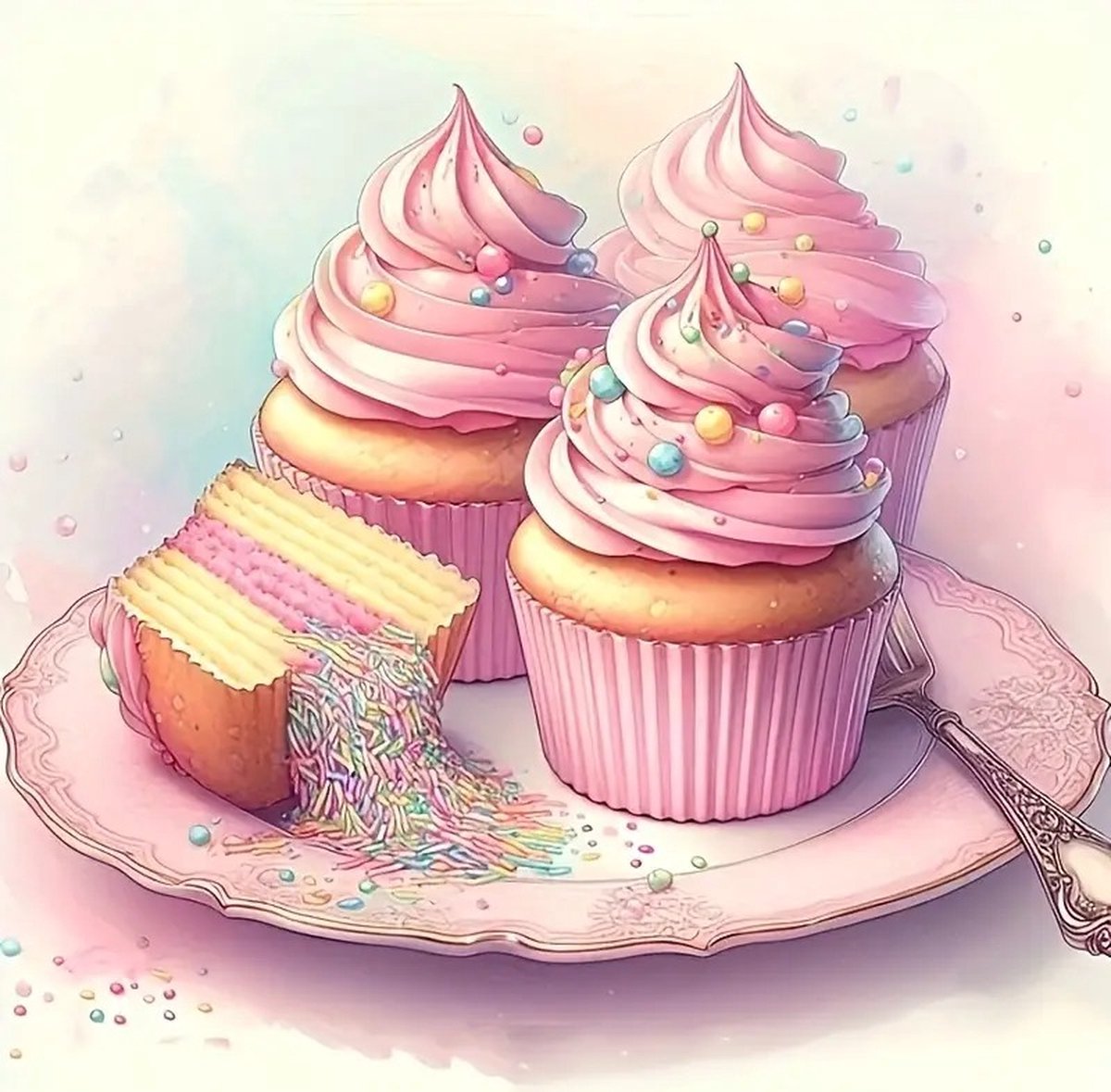 Diamond Painting - Cupcake - Sprinkels - Bord - Roze - Volledig - Ronde steentjes - 35x35cm