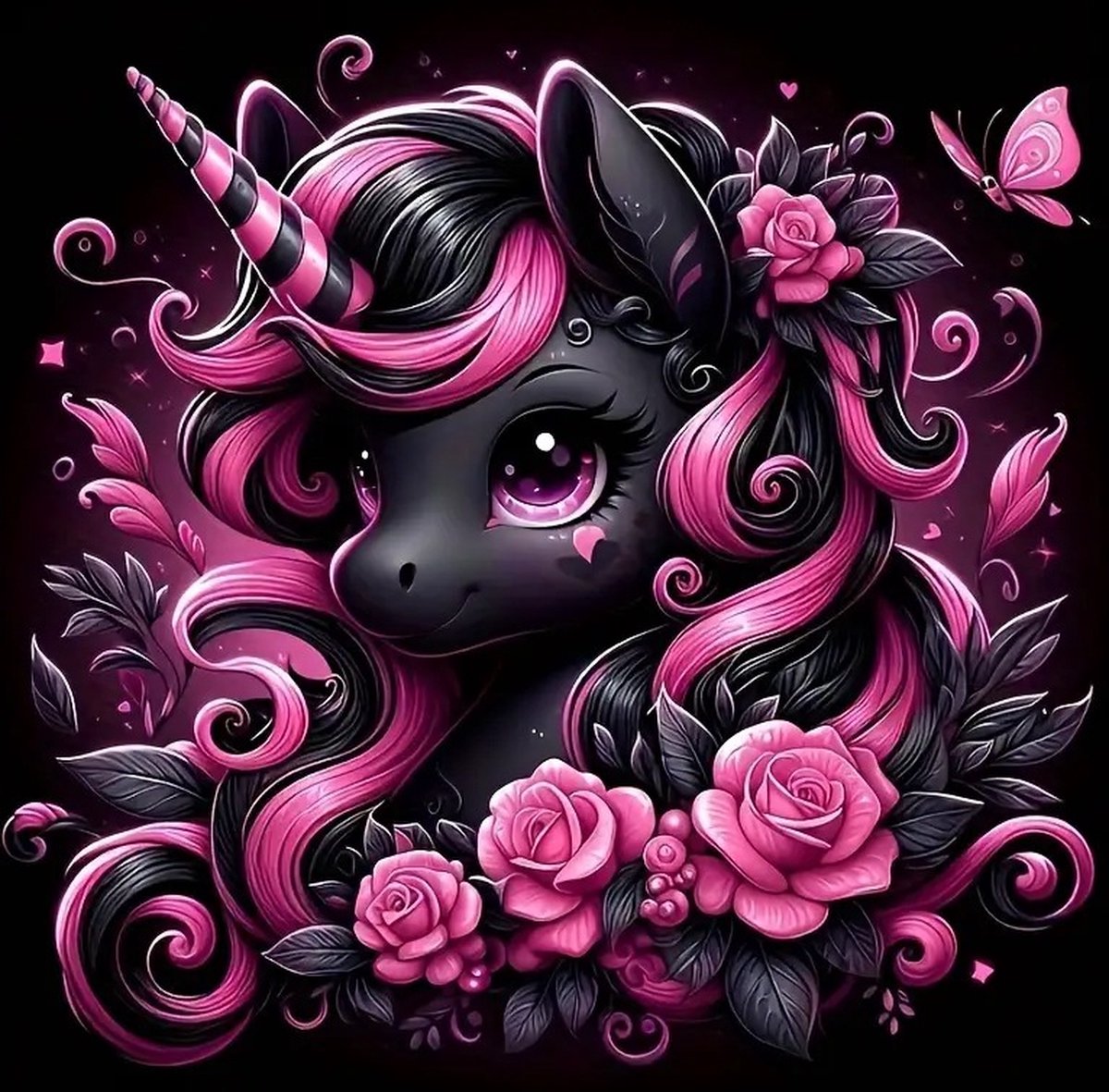 Diamond Painting - Eenhoorn - My little pony - Zwart - Roze - Rozen - Volledig - Ronde steentjes - 30x30cm