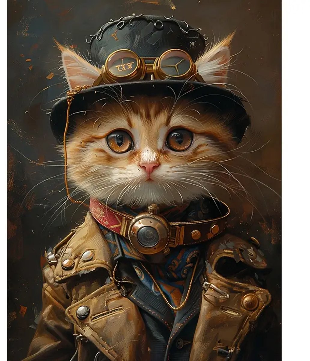 Diamond Painting - Kat - Hoed - Lederen Jas - Volledig - Ronde steentjes - 30x40cm