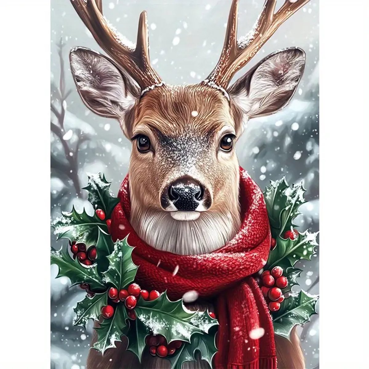 Diamond Painting - Kerst - Hert - Sjaal om - Sneeuw - Volledig - Ronde steentjes - 30x40cm