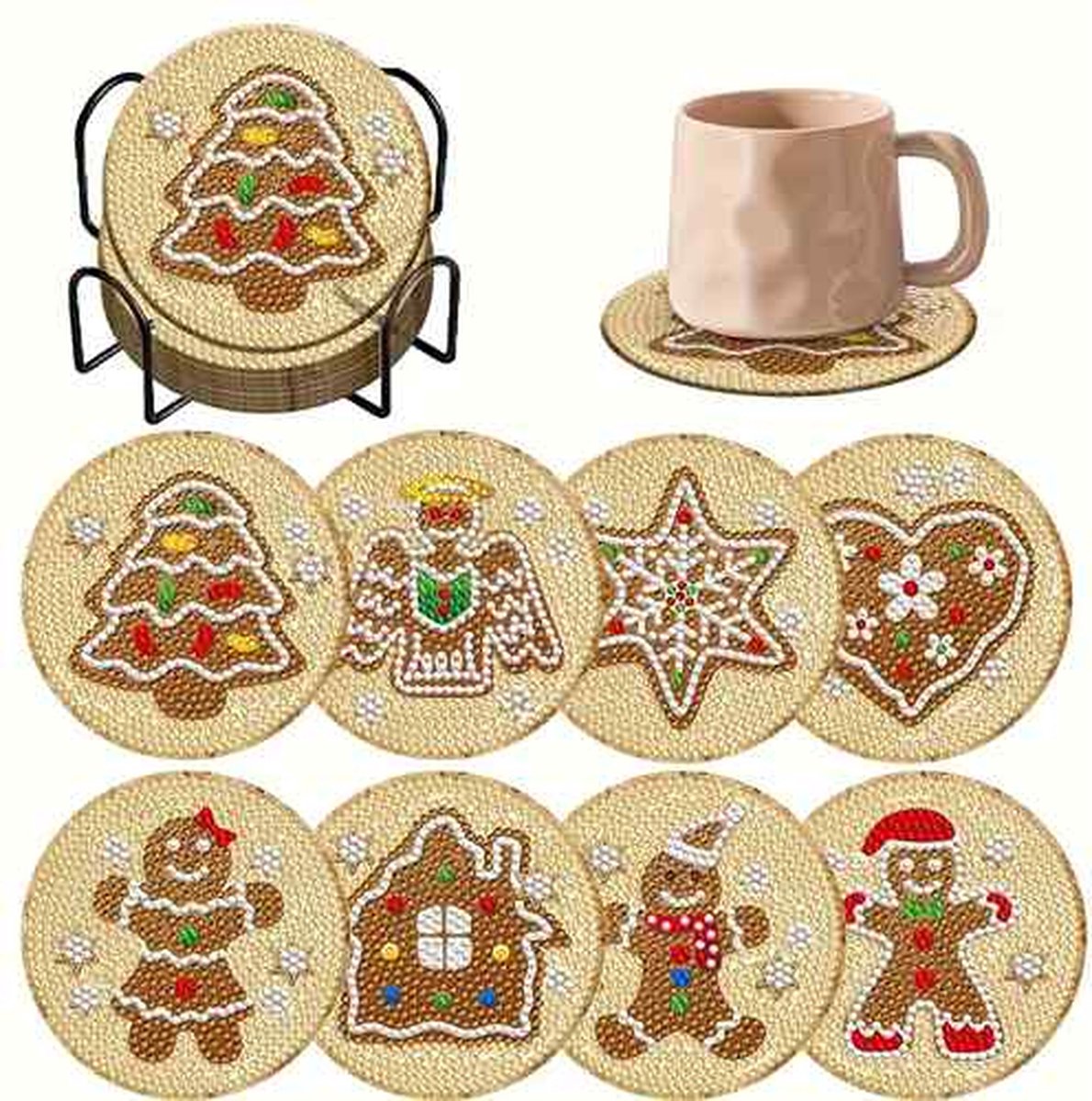 Diamond Painting - Kerst - Onderzetters - Met houder - 8 Stuks - Volledig - Ronde steentjes - 10x10cm