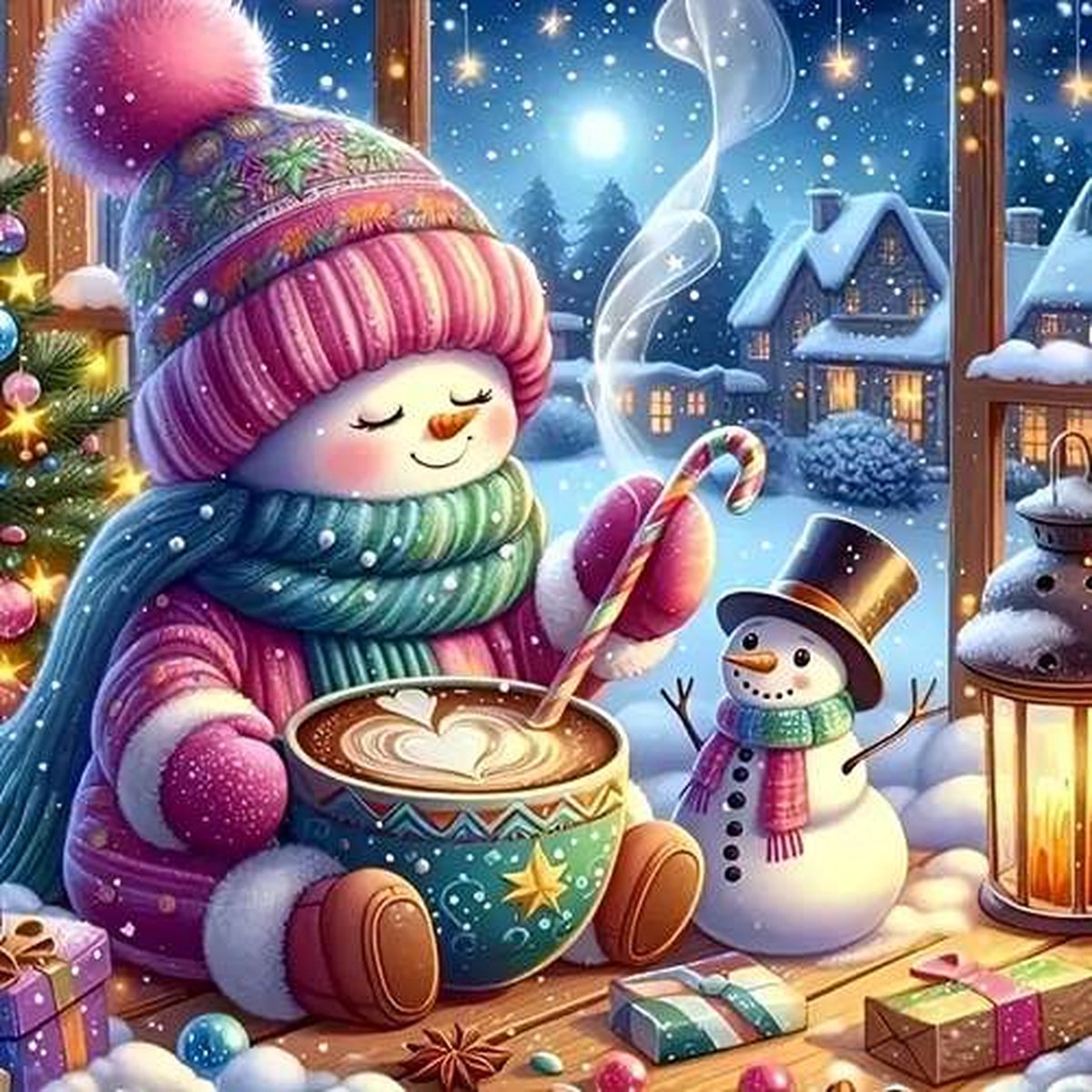 Diamond Painting - Kerst - Sneeuwpop - Warme chocolademelk - Cadeaus - Volledig - Ronde steentjes - 20x20cm