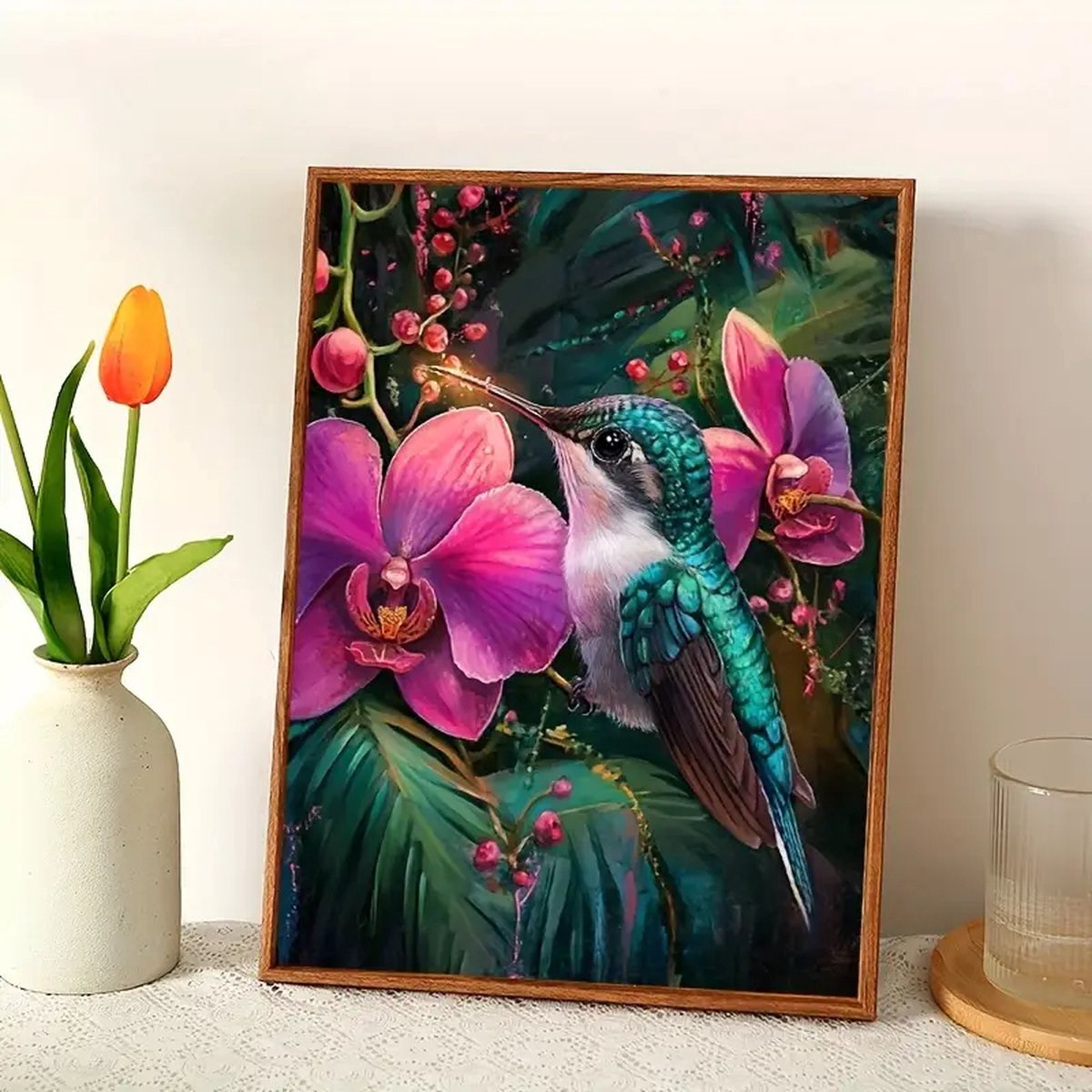 Diamond Painting - Kolibrie - Roze bloemen - Volledig - Ronde steentjes - 30x40cm