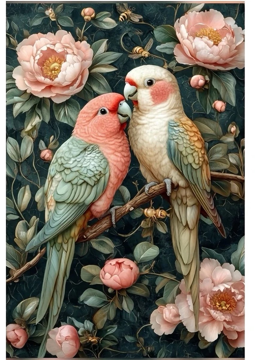 Diamond Painting - Love Birds - Tak - Bloemen en Bladeren - Volledig - Ronde steentjes - 30x40cm